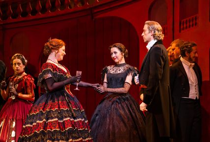 Lisette Oropesa as Violetta Valery and Stephanie Wake-Edwards as Flora Bervoix in La traviata at Royal Opera House