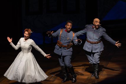 Lisette Oropesa as Marie and Alessandro Corbelli as Sulpice in La fille du régiment at Lyric Opera of Chicago