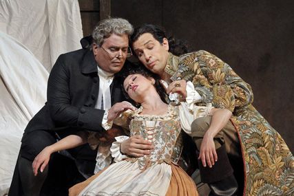 Lisette Oropesa as Susanna, Luca Pisaroni as Count Almaviva and John Del Carlo as Don Bartolo in Le Nozze di Figaro at San Francisco Opera