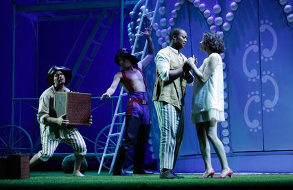 Lisette Oropesa as Adina, Levy Sekgapane as Selimo and Davide Giangregorio as Mustafa in Adina at Rossini Opera Festival