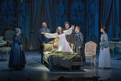 Lisette Oropesa as Violetta Valery, Piero Pretti as Alfredo Germont and Luca Salsi as Giorgio Germont in La traviata at Metropolitan Opera