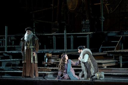Lisette Oropesa as Liu, Yusif Eyvazov as Calaf and Michele Pertusi as Timur in Turandot at Arena di Verona