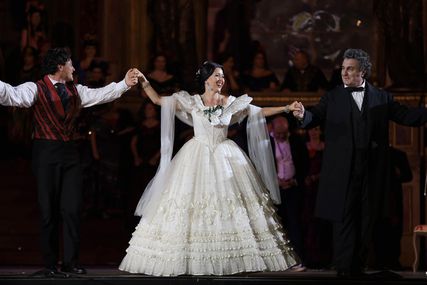 Lisette Oropesa as Violetta Valery, Ludovic Tézier as Giorgio Germont and Vittorio Grigolo as Alfredo Germont in La traviata at Arena di Verona