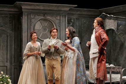 Lisette Oropesa as Susanna, Zachary Nelson as Figaro, Susanna Phillips as Countess Almaviva and Daniel Okulitch as Count Almaviva in Le Nozze di Figaro at Santa Fe Opera