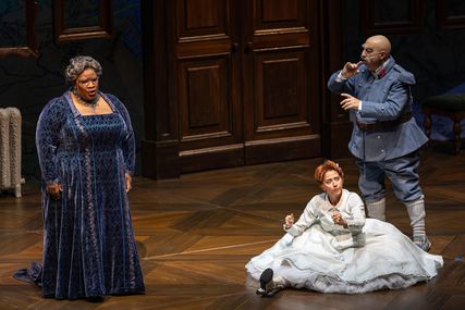 Lisette Oropesa as Marie, Ronnita Miller as The Marquise of Birkenfeld and Alessandro Corbelli as Sulpice in La fille du régiment at Lyric Opera of Chicago