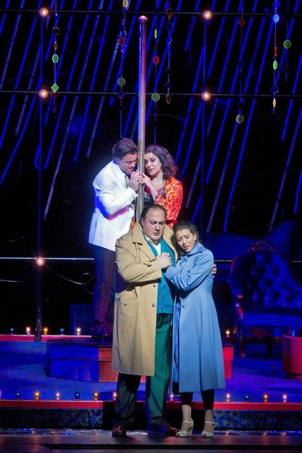 Lisette Oropesa as Gilda, George Gagnidze as Rigoletto, Nancy Fabiola Herrera as Maddalena and Vittorio Grigolo as Duke of Mantua in Rigoletto at Metropolitan Opera
