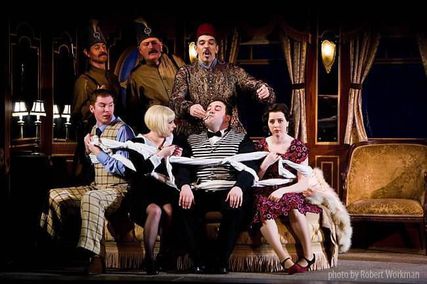 Lisette Oropesa as Konstanze, Claire Ormshaw as Blonde, Robin Tritschler as Belmonte and Wynne Evans as Pedrillo in Die Entführung aus dem Serail at Welsh National Opera