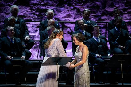 Lisette Oropesa as Norma and Ann-Kristin Jones as Adalgisa in Norma at Savonlinna Opera Festival