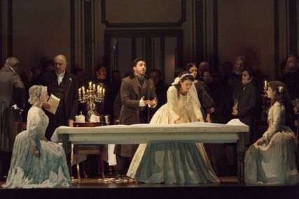 Lisette Oropesa as Lucia, Charles Castronovo as Edgardo, Michele Pertusi as Raimondo, Sarah Northgraves as Actor and Sacha Plaige as Actor in Lucia di Lammermoor at Royal Opera House