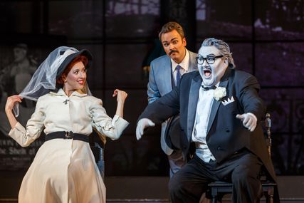 Lisette Oropesa as Norina, Joshua Hopkins as Dr Malatesta and Kevin Glavin as Don Pasquale in Don Pasquale at Pittsburgh Opera