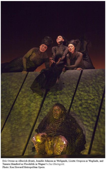 Lisette Oropesa as Woglinde, Tamara Mumford as Flosshilde and Eric Owens as Alberich in Das Rheingold at Metropolitan Opera