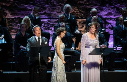 Lisette Oropesa as Norma, John Osborn as Pollione and Ann-Kristin Jones as Adalgisa in Norma at Savonlinna Opera Festival