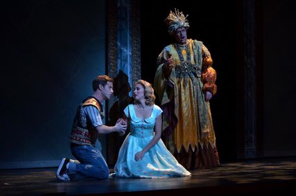 Lisette Oropesa as Pamina, Andrew Bidlack as Tamino and Jordan Bisch as Sarastro in Die Zauberflöte at Florida Grand Opera