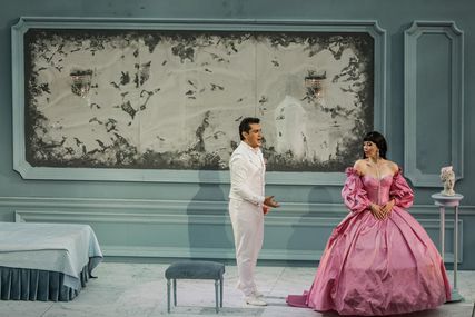 Lisette Oropesa as Violetta Valery and Saimir Pirgu as Alfredo Germont in La traviata at Greek National Opera
