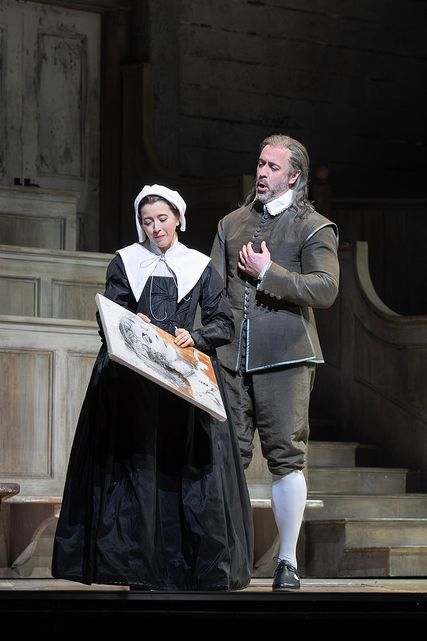 Lisette Oropesa as Elvira and Christian Van Horn as Sir Giorgio Valton in I Puritani at Metropolitan Opera