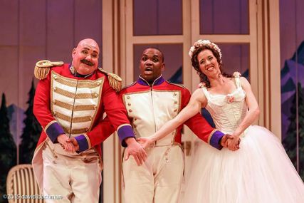 Kevin Glavin as Sulpice, Larry Brownlee as Tonio and Lisette Oropesa as Marie in La fille du régiment at Pittsburgh Opera