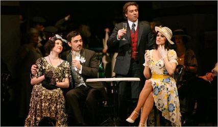 Lisette Oropesa as Lisette, Angela Gheorghiu as Magda, Roberto Alagna as Ruggero and Marius Brenciu as Prunier in La Rondine at Metropolitan Opera