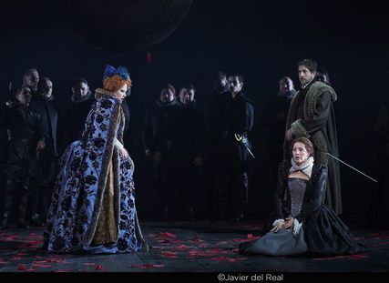 Lisette Oropesa as Maria Stuarda, Aigul Akhmetshina as Elisabetta and Roberto Tagliavini as Giorgio Talbot in Maria Stuarda at Teatro Real