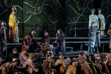 Lisette Oropesa as Liu, Anna Pirozzi as Turandot and Michele Pertusi as Timur in Turandot at Arena di Verona