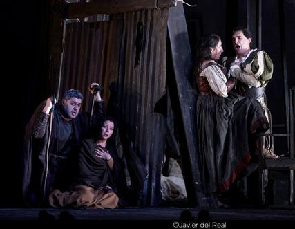 Lisette Oropesa as Gilda, Luca Salsi as Rigoletto, Francesco Demuro as Duke of Mantua and Barbara di Castri as Maddalena in Rigoletto at Teatro Real