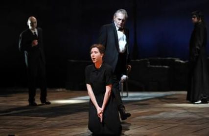 Lisette Oropesa as Lucia, Boris Statsenko as Enrico and Florian Simson as Normanno in Lucia di Lammermoor at Deutsche Oper am Rhein