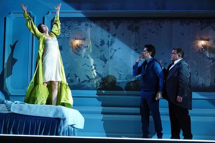 Lisette Oropesa as Violetta Valery, Saimir Pirgu as Alfredo Germont and Dimitri Platanias as Giorgio Germont in La traviata at Greek National Opera