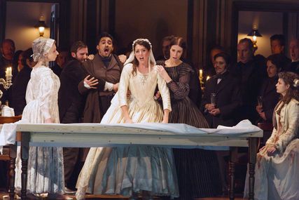 Lisette Oropesa as Lucia, Charles Castronovo as Edgardo and Rachel Lloyd as Alisa in Lucia di Lammermoor at Royal Opera House