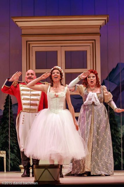 Kevin Glavin as Sulpice, Lisette Oropesa as Marie and Joyce Castle as The Marquise of Birkenfeld in La fille du régiment at Pittsburgh Opera