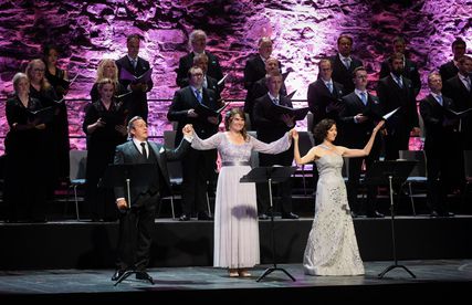 Lisette Oropesa as Norma, John Osborn as Pollione and Ann-Kristin Jones as Adalgisa in Norma at Savonlinna Opera Festival