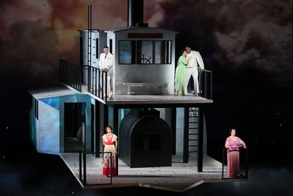 Lisette Oropesa as Rosalba, Verónica Villarroel as Florencia Grimaldi, David Pittsinger as The Captain, Nancy Fabiola Herrera as Paula and Gordon Hawkins as Alvaro in Florencia en el Amazonas at LA Opera