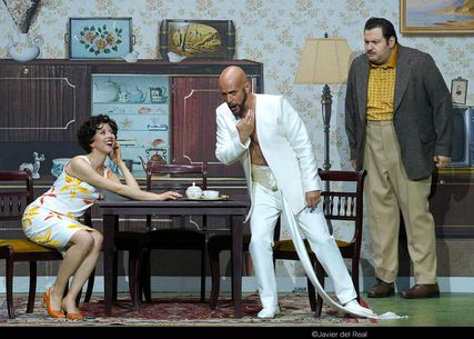 Lisette Oropesa as Fiorilla, Alex Esposito as Selim and Misha Kiria as Don Geronio in Il Turco in Italia at Teatro Real