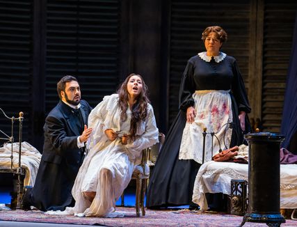 Lisette Oropesa as Violetta Valery, Liparit Avetisyan as Alfredo Germont and Renata Skarelyte as Annina in La traviata at Royal Opera House