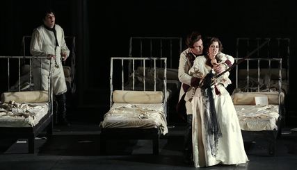 Lisette Oropesa as Amalia, Claudio Pellegrini as Schiller and Massimo Cavalletti as Francesco in I Masnadieri at Teatro alla Scala