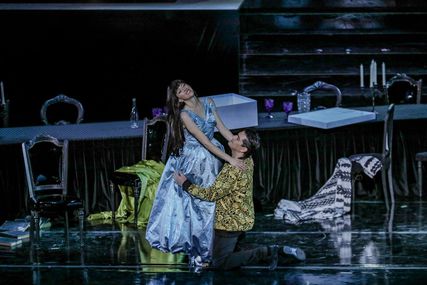 Lisette Oropesa as Violetta Valery and Saimir Pirgu as Alfredo Germont in La traviata at Greek National Opera