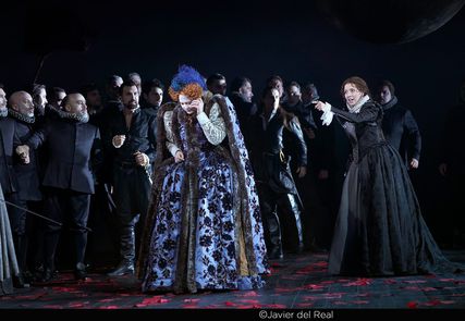 Lisette Oropesa as Maria Stuarda and Aigul Akhmetshina as Elisabetta in Maria Stuarda at Teatro Real