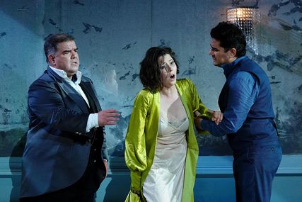 Lisette Oropesa as Violetta Valery, Saimir Pirgu as Alfredo Germont and Dimitri Platanias as Giorgio Germont in La traviata at Greek National Opera
