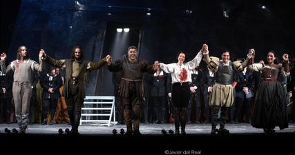 Lisette Oropesa as Gilda, Luca Salsi as Rigoletto, Francesco Demuro as Duke of Mantua, Andrea Mastroni as Sparafucile and Barbara di Castri as Maddalena in Rigoletto at Teatro Real