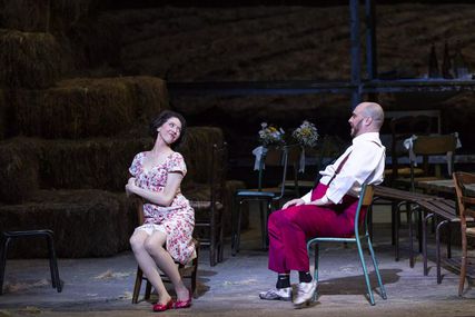 Lisette Oropesa as Adina (Elisir) and Gabriele Viviani as Dr Dulcamara in L'elisir d'amore at Opéra National de Paris