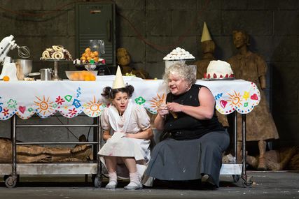 Lisette Oropesa as Gretel and Gerhard Siegel as The Witch in Hansel and Gretel at Metropolitan Opera