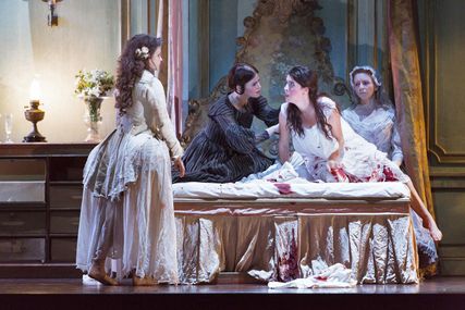 Lisette Oropesa as Lucia, Sacha Plaige as Actor and Rachel Lloyd as Alisa in Lucia di Lammermoor at Royal Opera House