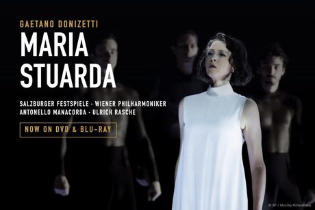 Lisette Oropesa as Maria Stuarda at the Salzburg Festival, with the DVD release title treatment