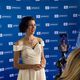 Lisette Oropesa giving an interview at the flag raising for the rejoining of the United States to UNESCO