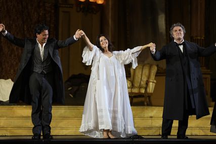Lisette Oropesa as Violetta Valery, Ludovic Tézier as Giorgio Germont and Vittorio Grigolo as Alfredo Germont in La traviata at Arena di Verona