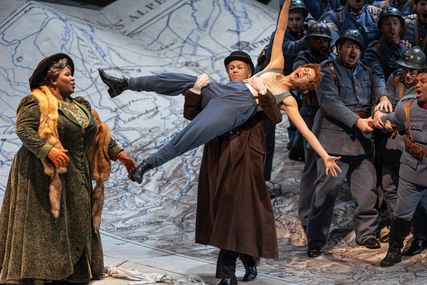 Lisette Oropesa as Marie and Ronnita Miller as The Marquise of Birkenfeld in La fille du régiment at Lyric Opera of Chicago