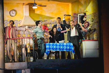 Lisette Oropesa as Rosina, Ilya Kutyukhin as Figaro, Xabier Anduaga as Il Conte d'Almaviva, Krzysztof Baczyk as Basilio, Carlo Lepore as Bartolo and Marion Lebègue as Berta in Il barbiere di Siviglia at Opéra National de Paris