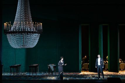 Lisette Oropesa as Violetta Valery and Granit Musliu as Alfredo Germont in La traviata at Bayerische Staatsoper