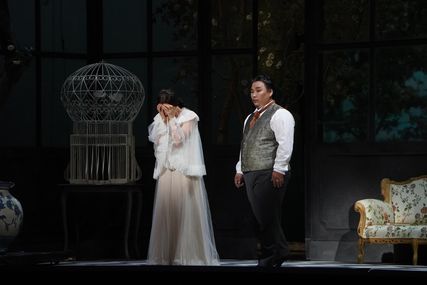 Lisette Oropesa as Violetta Valery and Amartuvshin Enkhbat as Giorgio Germont in La traviata at Teatro dell'Opera di Roma